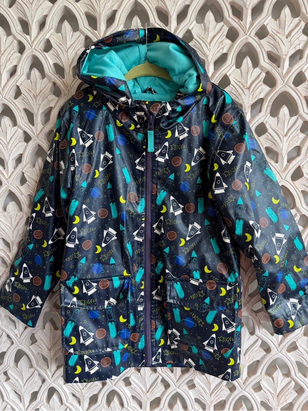 Cat & Jack Boys Space Rocket Hooded Rain Jacket Size 4T